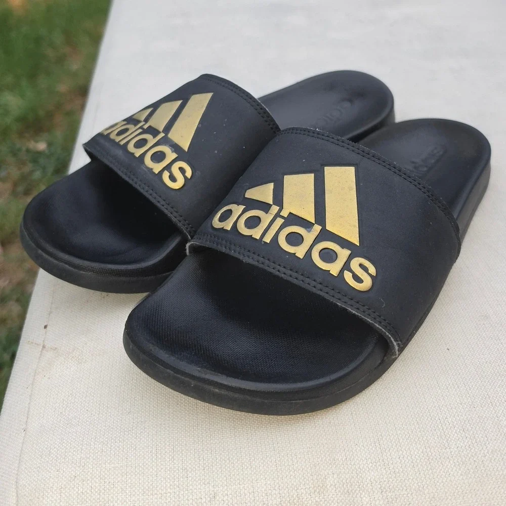 Adidas Adilette Shower Slides Black Gold Metallic Logo Sandals B41742 Mens 7